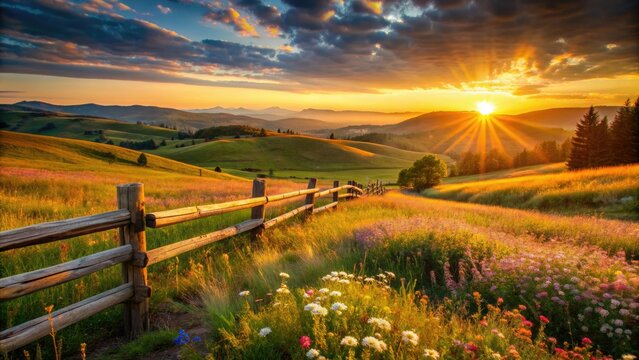 Sunset whispers sweet nothings to rolling hills, where wildflowers sway and a weathered wooden fence serenades a serene, idyllic countryside landscape awash in warm golden light.