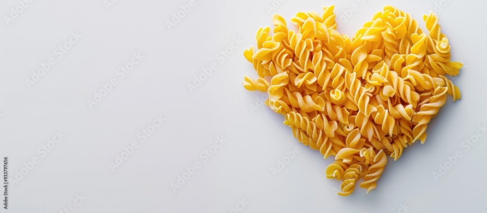 Poster heart-shaped uncooked pasta on a white background with empty space for other elements in the image. 