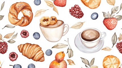 A delicious assortment of sweets and pastries set against a background of coffee cups and desserts, featuring cakes, croissants, and chocolate, all in a cozy caf&eacute; setting