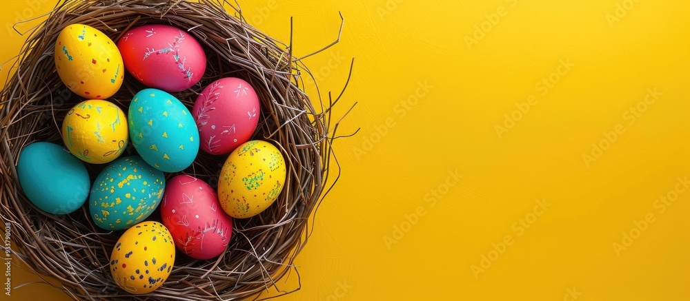 Poster top view easter background featuring colorful eggs in a nest on a yellow backdrop with a banner and 