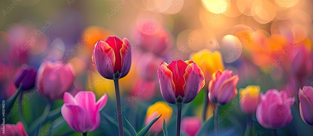 Poster vibrant tulips in a field with a soft focus background, suitable for a copy space image.