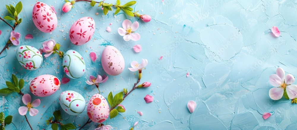 Aufkleber top-down view of easter eggs and spring flowers on an easter-themed background highlighting a blank 