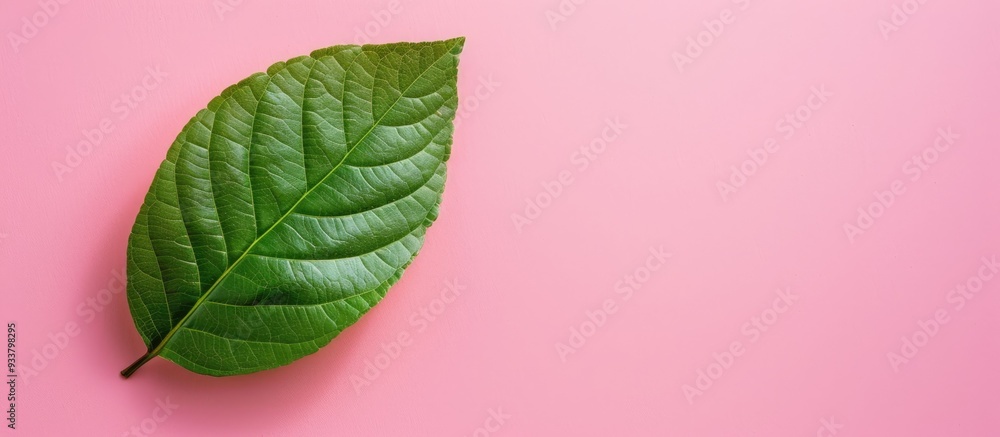 Poster view from above showing a shiny green leaf set against a pink backdrop with space for text or graphi