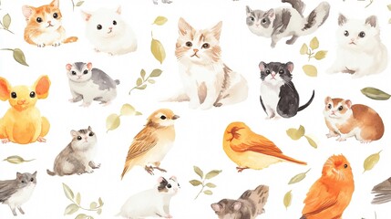 Obraz premium Patterned collection of cartoon animals including dogs, cats, rabbits, pigs, tigers, cows, horses, and more, showcasing a cute and playful assortment of pets and farm animals