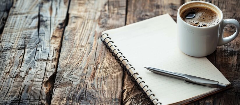 Table with a notepad beside a coffee cup, ideal for a copy space image.