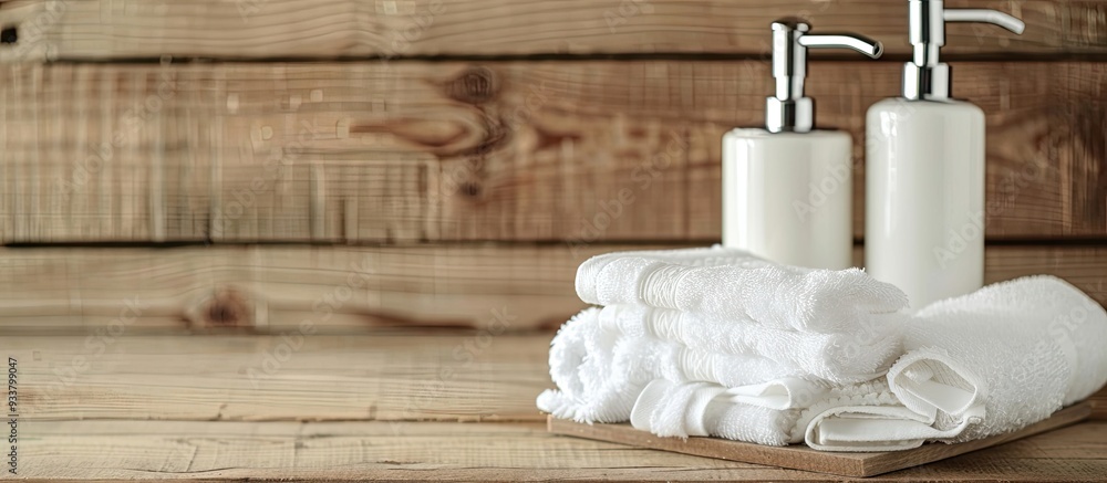Poster on a wooden table, there is a soap dispenser and clean towels displayed, with room for text in the i