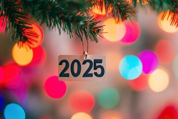 Happy new year with text "2025". White paper numbers hanging on colorful blur background ar with generative ai