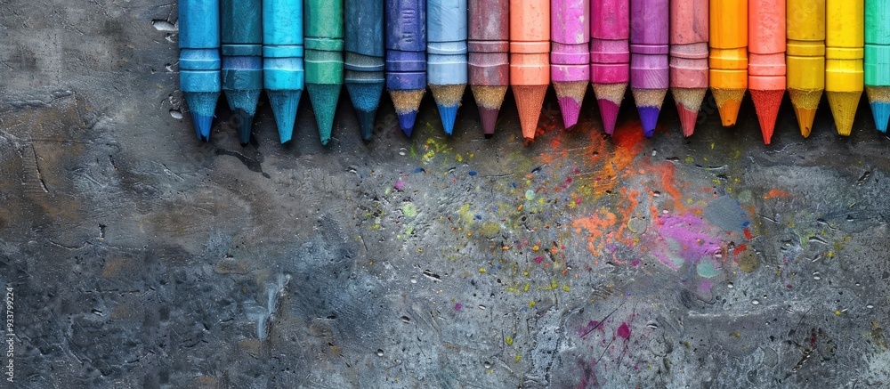 Poster top view of a vast set of colorful crayons arranged on a cement background, suitable for education, 
