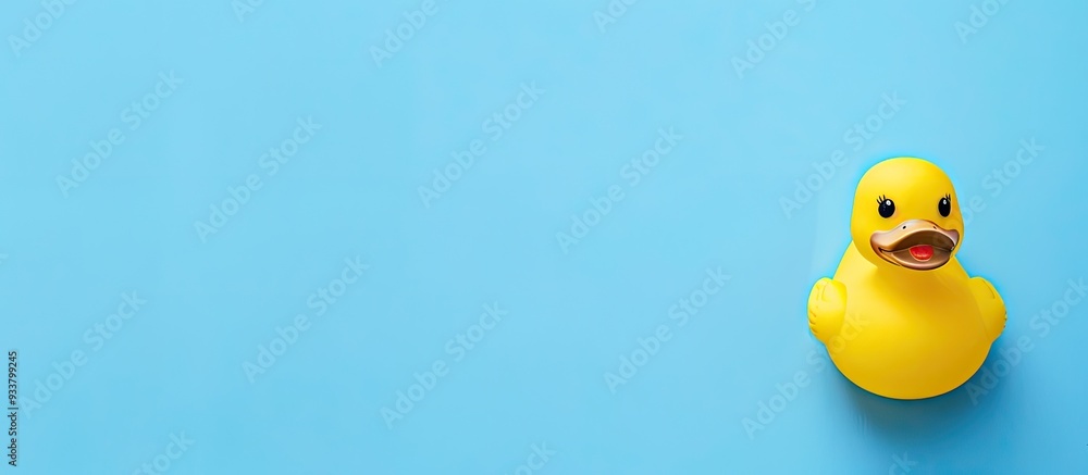 Poster white paper with a rubber duck on blue backdrop providing space for text or design in the image. ima