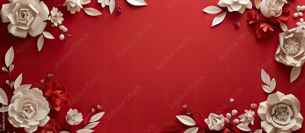 Aufkleber paper flowers and leaves crafted into a frame on a red backdrop with copy space image.