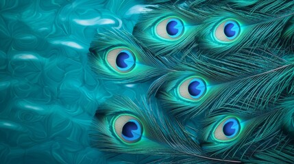 Obraz premium Colorful peacock feathers create a stunning pattern against a tranquil blue background, capturing nature's exquisite beauty.