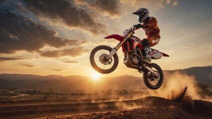 Motocross Rider Leaping Over a Dirt Track at Sunset
