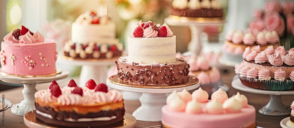 Poster selective focus on cakes displayed on a table with copy space image available.