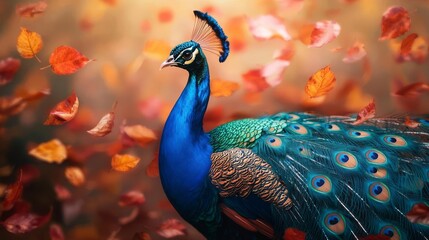 Fototapeta premium A vibrant peacock displaying its striking plumage amidst colorful autumn leaves.