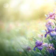 A fantasy meadow filled with cartoon irises and watercolor fairies