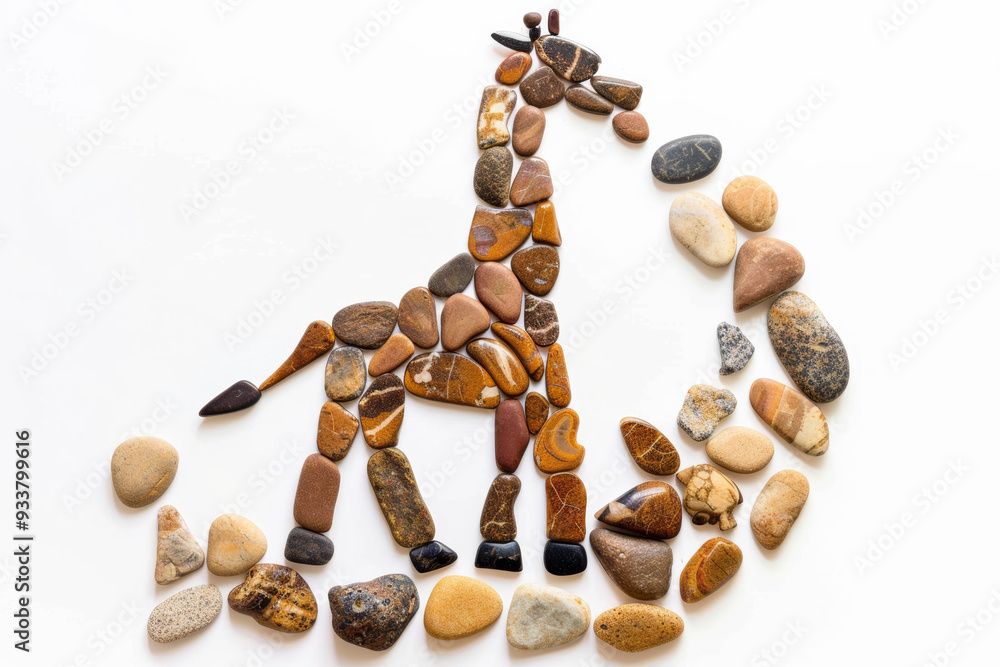 Wall mural Image of giraffe made of sea stones pebbles isolated on white background. Kids handcraft, DIY.