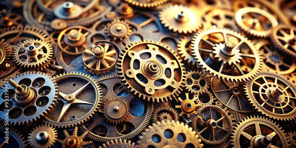 Poster intricate clockwork mechanisms showing gears and cogs, clockwork, gears, machinery, intricate, mecha