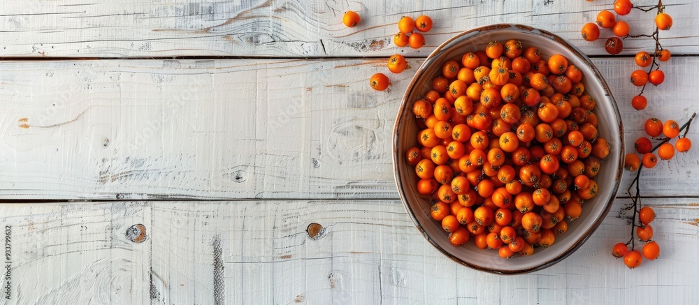 Aufkleber top view of a bowl filled with ripe sea buckthorn berries on a white wooden backdrop, ideal for addi