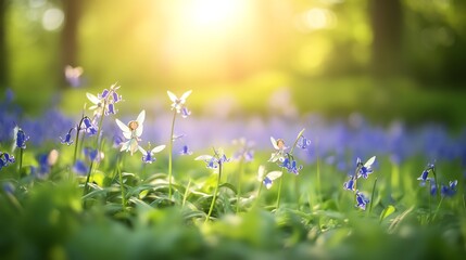 Fototapeta premium A meadow of cartoon bluebells with watercolorpainted fairies