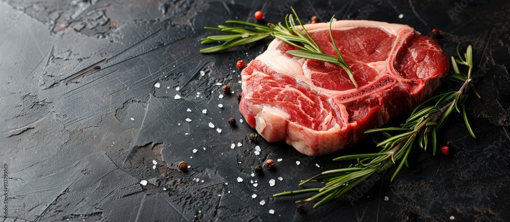 Poster raw pork chop steak displayed with copy space image.