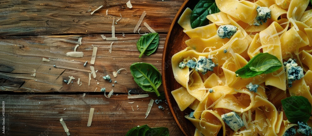 Poster top-down view of pasta with spinach and blue cheese on a wooden surface, with empty space for text o