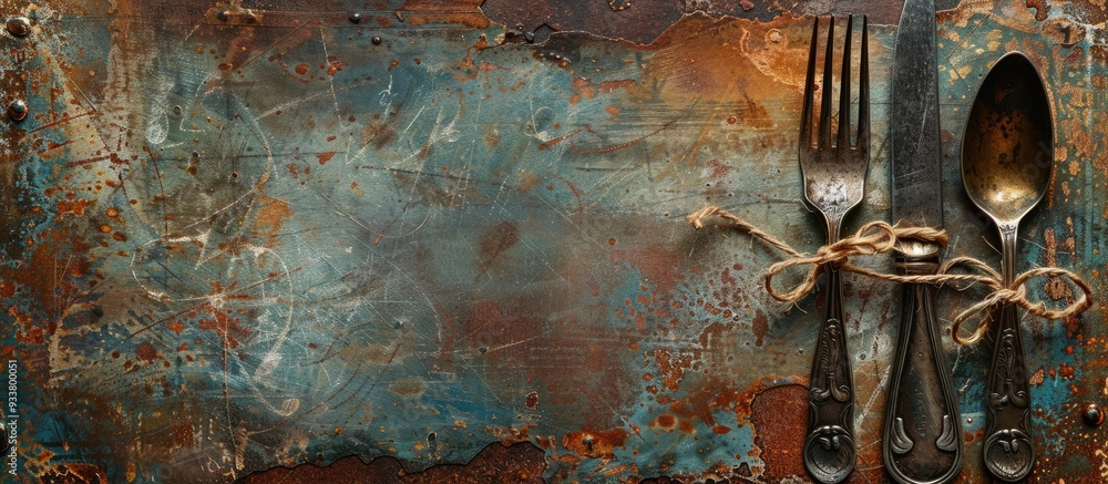 Poster rustic metal background with vintage silverware adorned with a string, with plenty of space around f