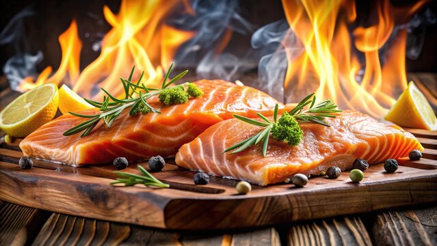 Flammlachs cooking on wooden planks over fire, Flammlachs, salmon, grilling, cooking, wood planks, fire, BBQ, outdoor