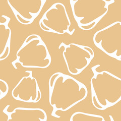 seamless autumn pattern with bulging pumpkins drawn by contour placed chaotically on a pastel yellow background, vector