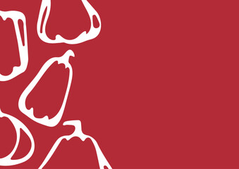 seamless autumn poster with a variety of pumpkins drawn in outline placed on one side of the poster on a pastel red background, vector