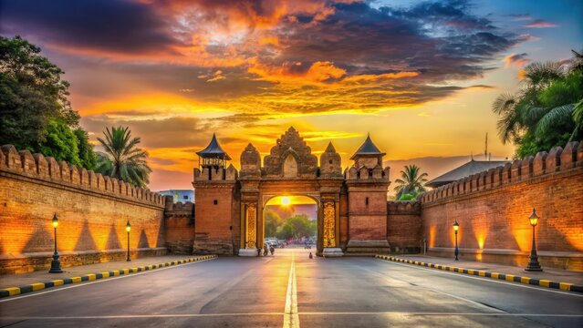 Sunset view of Pratu Tha Phae Gate in Chiang Mai, Thailand , Chiang Mai, Thailand, Pratu Tha Phae Gate, sunset
