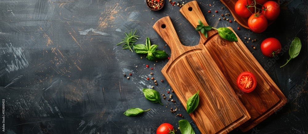 Poster Position two cutting boards on a food-themed background for a visually appealing concept. The top view includes copy space for additional elements.