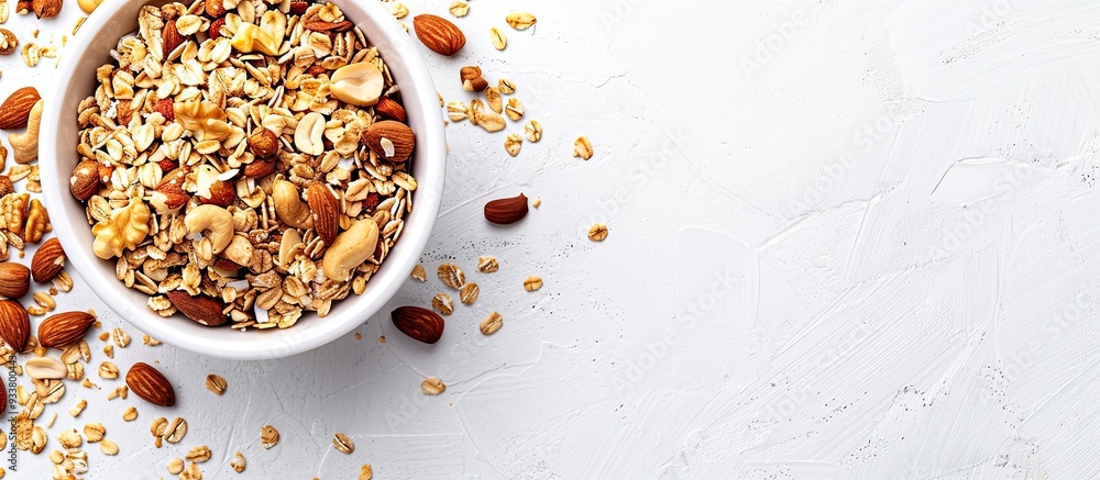 Aufkleber granola cereal with nuts on a white background with copy space image.