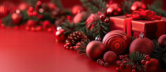Red Christmas decorations, gifts, and Christmas tree decorations with a blank space for adding an image. image with copy space