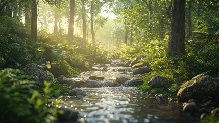 Obraz premium A tranquil forest stream flows gently through lush greenery, illuminated by soft sunlight filtering through the trees.