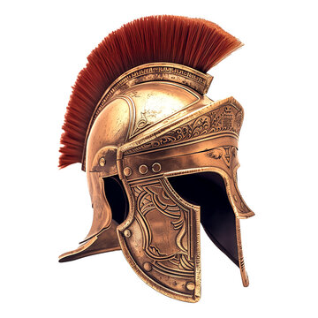 Ancient Greek or Roman soldier's helmet with ornate engravings and red horsehair crest. Bronze colored or golden metal with detailed craftsmanship showcases historical military armor. Isolated object