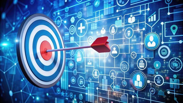 Tailored advertising strategy concept with a large arrow pointing to a target, surrounded by icons of customer needs and market research data analytics.