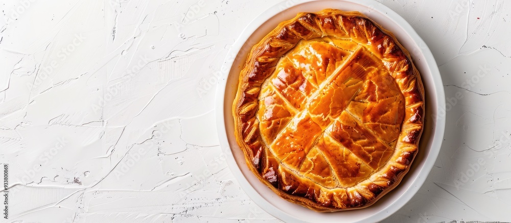 Aufkleber top view of a traditional ossetian beef pie on a white background with copy space image.