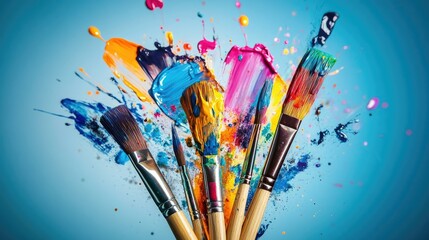 Obraz premium A colorful burst from paintbrushes dipped in various paints, with splatters spreading out, symbolizing artistic creativity