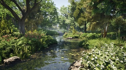 Tranquil Stream Through Lush Green Forest - 3D Illustration