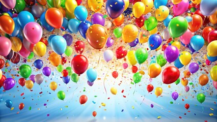 Colorful explosion of balloons and confetti, perfect for festive occasions and celebrations, render, balloons, confetti