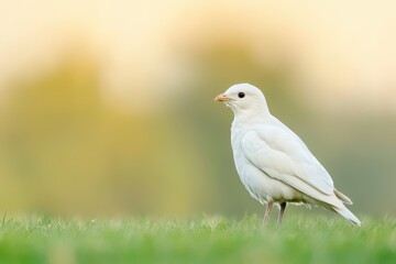 Obraz premium A beautiful white bird stands gracefully on the grass, surrounded by a serene, blurred background of nature.