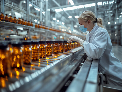 Woman doing quality checks control on fials containing drugs in pharmaceutical compound 