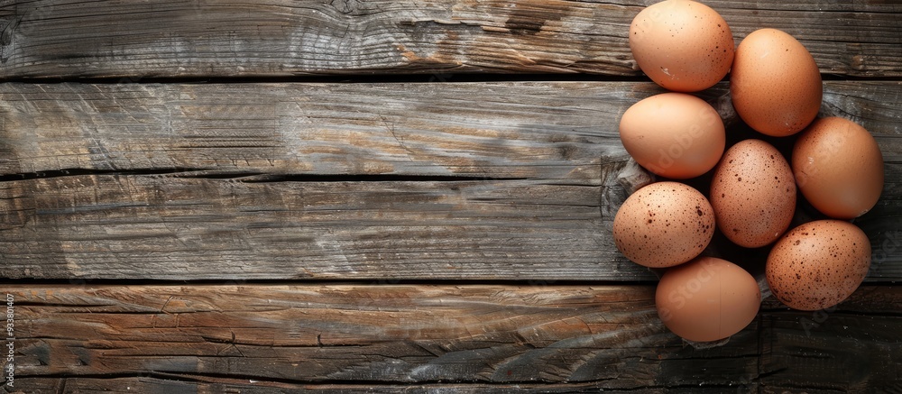 Poster top-down image of eggs on a wooden table with a background suitable for text placement. image with c