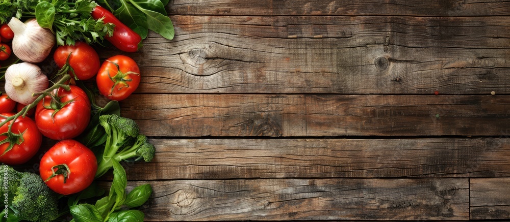 Poster fresh vegetables displayed on a rustic wooden table with ample copy space image.