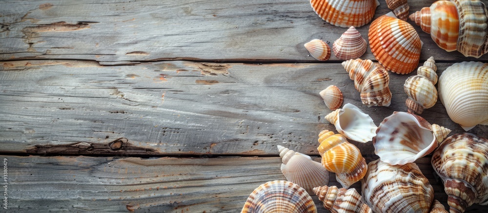 Aufkleber seashells arranged attractively on a wooden backdrop with ample copy space image available.