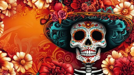 A dynamic Day of the Dead background filled with vibrant colors, traditional motifs, and festive decorations.
