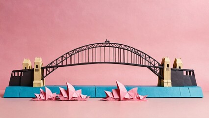 Fototapeta premium Origami Sydney Harbour Bridge on a pastel pink background with room for text