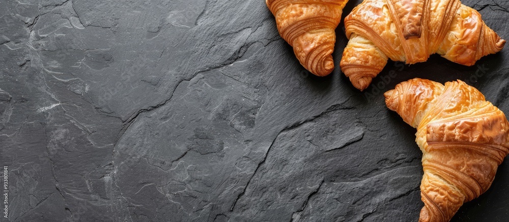 Poster top view of fresh croissants arranged on a black slate background with ample copy space image.