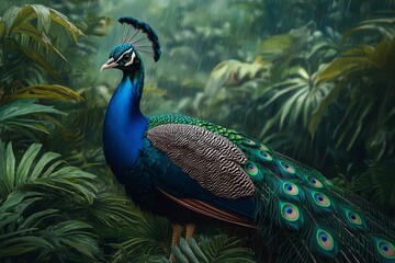Obraz premium A majestic peacock stands proudly amidst lush greenery, showcasing its vibrant feathers and stunning beauty in nature.
