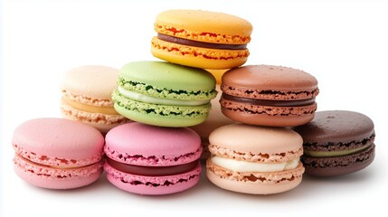 Obraz premium Colorful macarons stacked in a delightful arrangement on a white background